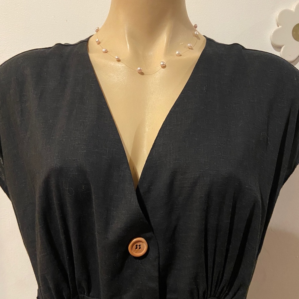 🌱 LEONI women’s midi dress black Size L / 14 Linen Blend NEW V neck - Picture 2 of 10